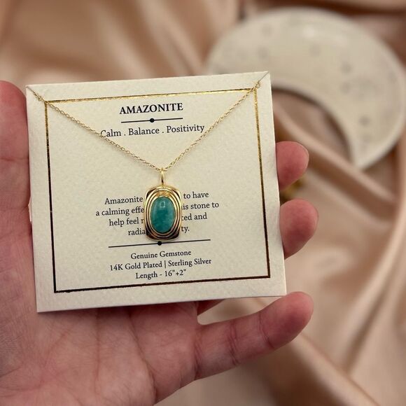 Amazonite Genuine Gemstone Necklace – 14K Gold Plated Sterling Silver - Picture 1 of 5